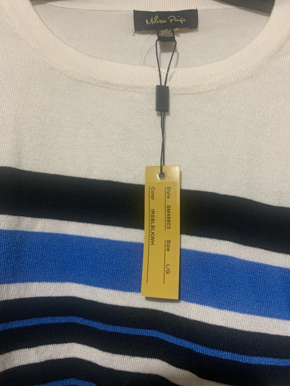 Melissa Paige L Black, White & Blue Striped Sweater Designed Sleeves NWT - Picture 6 of 6